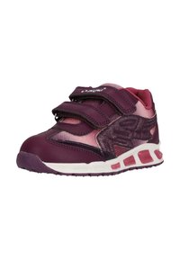 Purple athletic shoe with light pink accents, two Velcro straps, textured synthetic material, and a cushioned sole with a patterned design.