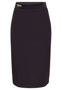 Jupe crayon noire à taille haute avec un petit logo jaune "OFFBEAT" près de la taille sur un fond blanc uni.