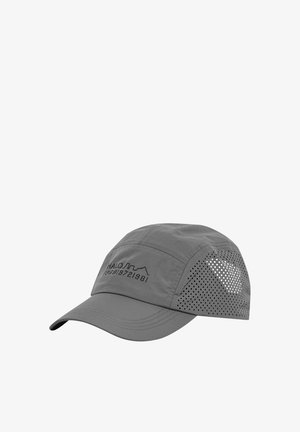 Grijze pet gemaakt van lichtgewicht stof met een gebogen klep, met geperforeerde zijpanelen en geborduurde tekst "HALO" aan de voorkant.
