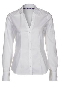 White long-sleeve shirt made of cotton, featuring a pointed collar, button front, and a tailored fit with smooth texture.
