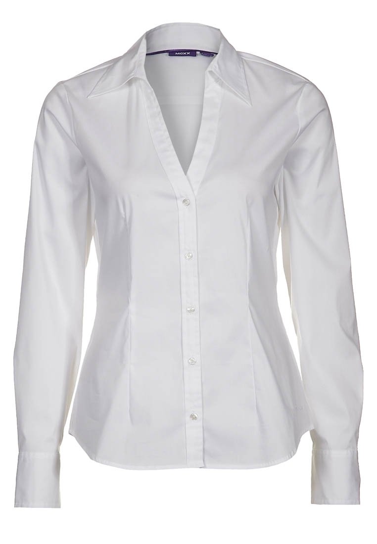White long-sleeve shirt made of cotton, featuring a pointed collar, button front, and a tailored fit with smooth texture.