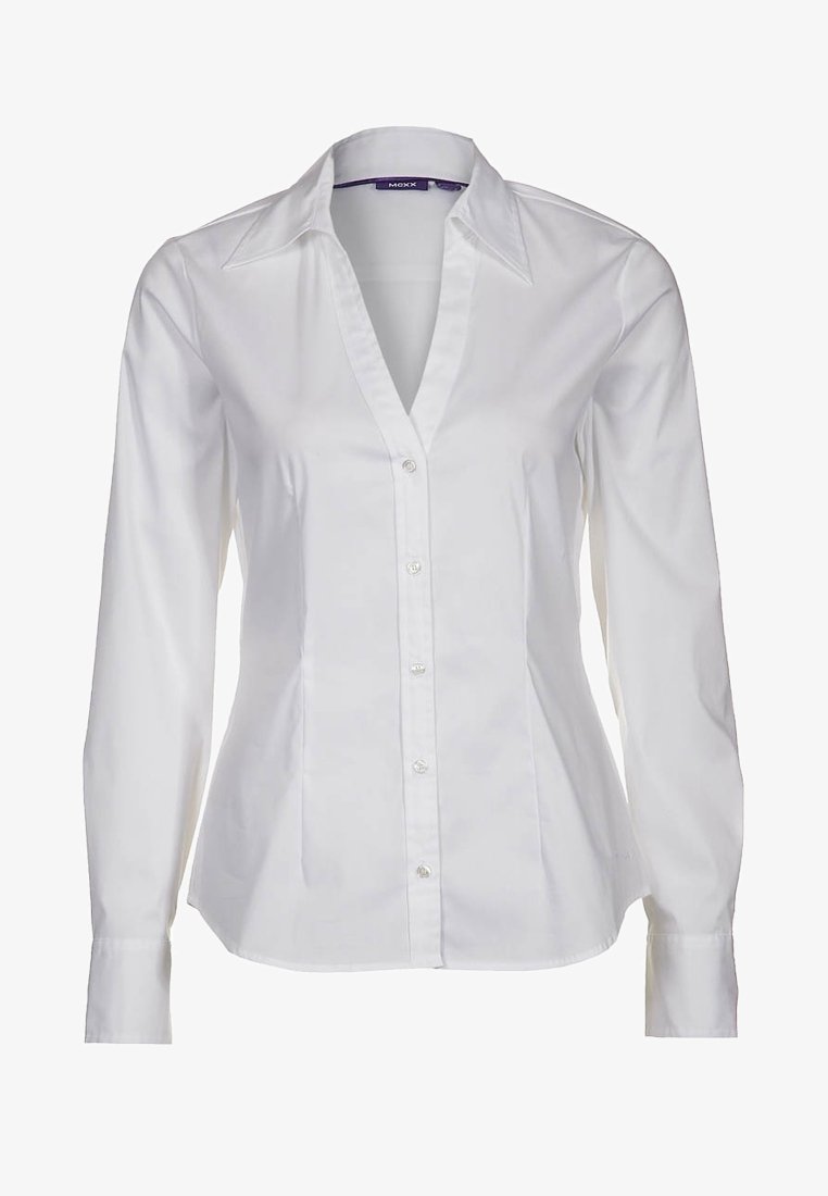 White long-sleeve shirt made of cotton, featuring a pointed collar, button front, and a tailored fit with smooth texture.