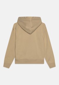 Felpa in cotone beige con cappuccio completo, polsini e orlo a coste. Tessuto morbido senza motivi visibili o dettagli metallici.