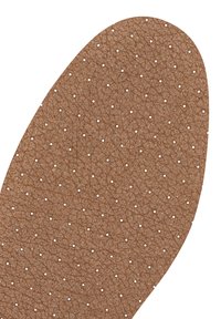 Sottopiede sintetico marrone con superficie testurizzata, caratterizzato da piccole perforazioni in tutta la sua estensione per traspirabilità e comfort. Forma ovale.