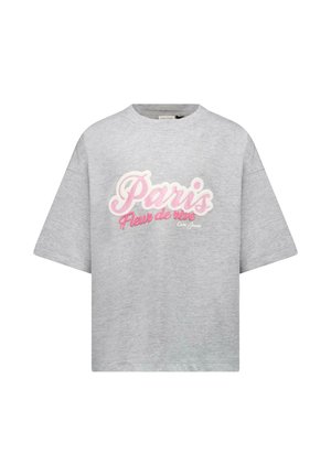 Grijs katoenen t-shirt met een losse pasvorm, voorzien van een grote roze grafische tekst "Paris Fleur de rêve" aan de voorkant. Korte mouwen.