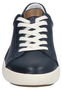 Navy leather sneakers with white laces, textured rubber sole, and a brown accent at the tongue. Smooth finish and low-profile design.
