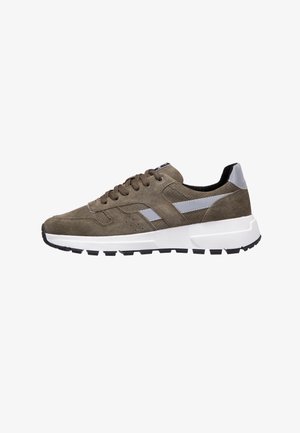 Brown suede sneakers with white rubber soles, gray accents, and brown laces. Features perforated detailing and a sturdy, textured outsole.