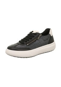 Schwarze und graue Sneaker mit strukturiertem Obermaterial, weißer Gummisohle, schwarzen Schnürsenkeln und einem dekorativen seitlichen Reißverschluss. Glatte Lederakzente an der Ferse.