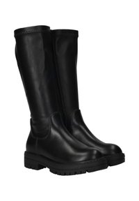 Zwarte kniehoge laarzen van glad leer, met een ronde neus en een dikke rubberen zool met grip. Minimalistisch ontwerp zonder zichtbare hardware.