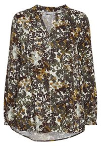 Blusa floreale a maniche lunghe con motivi verdi, marroni e gialli su uno sfondo chiaro. Presenta un collo a V e un orlo curvo.