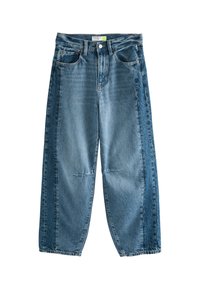 Ljusblå denimjeans med vida ben, med kontrasterande mörkare sidopaneler, femficksdesign och knäppning i midjan.