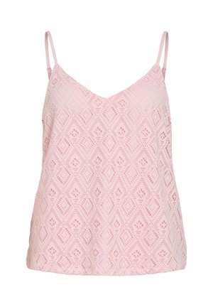 Rosa ermeløs bluse i blonde med geometriske diamant- og blomster mønstre og tynne justerbare skulderstropper.