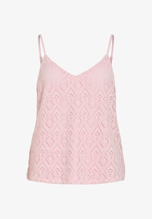 Rosa ermeløs bluse i blonde med geometriske diamant- og blomster mønstre og tynne justerbare skulderstropper.