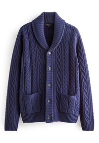 Cardigan lavorato a maglia viola con colletto sciallato, motivo a trecce testurizzato, due tasche frontali e chiusura con cinque bottoni.
