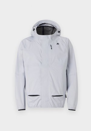 Light gray waterproof jacket with a hood, elastic cuffs, and two front pockets. Features a small logo on the chest. Smooth texture.