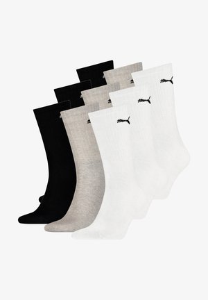 Pack mit sechs Socken in Schwarz, Grau und Weiß. Jede Socke hat eine gerippte Textur und ein kleines schwarzes Logo an der Seite.