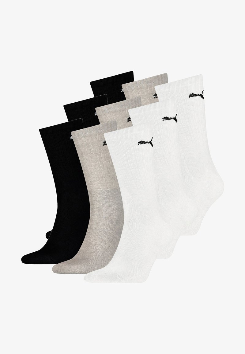 Pack mit sechs Socken in Schwarz, Grau und Weiß. Jede Socke hat eine gerippte Textur und ein kleines schwarzes Logo an der Seite.