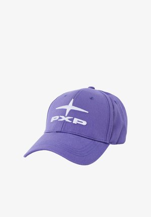Cappellino da baseball viola con visiera curva e logo bianco "PXP" e disegno a stella ricamati sul pannello frontale.