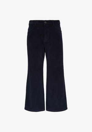 Marineblauwe corduroy broek met wijde pijpen, voorzien van een frontale knoopsluiting en twee zakken. Zachte textuur en gladde afwerking.