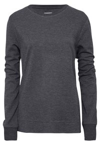 Mørkegrå sweatshirt med lange ærmer, rund halsudskæring, ribbede manchetter og kant, lavet af et blødt stof, med en glat tekstur og afslappet design.