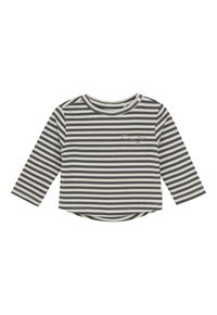 Toddler long-sleeve shirt with black and white horizontal stripes and a small snap button near the round neckline.