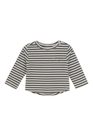 Langarmshirt für Kleinkinder mit schwarz-weißen horizontalen Streifen und einem kleinen Druckknopf am runden Ausschnitt.
