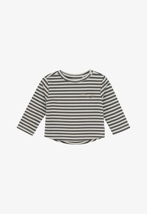 Langarmshirt für Kleinkinder mit schwarz-weißen horizontalen Streifen und einem kleinen Druckknopf am runden Ausschnitt.