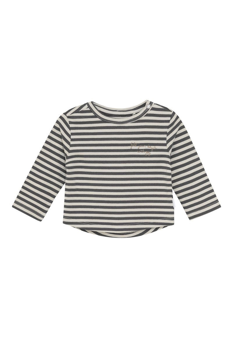 Toddler long-sleeve shirt with black and white horizontal stripes and a small snap button near the round neckline.