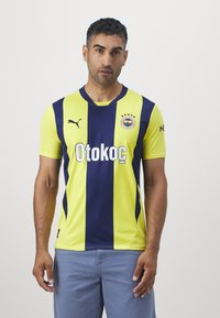 Gul og marineblå stribede fodboldtrøje med korte ærmer, rund halsudskæring, udstyret med logo, varemærkeemblemet og sponsortekst.