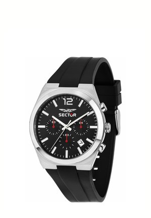 Herrenuhr mit schwarzem Zifferblatt, silbernem Gehäuse, drei kleinen rot akzentuierten Hilfszifferblättern, Datumsanzeige und schwarzem Silikonarmband.