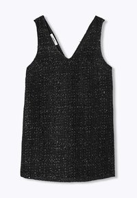 Haut noir sans manches avec un profond col en V, fabriqué en tissu texturé présentant un léger scintillement, ourlet droit, sans fermetures visibles.