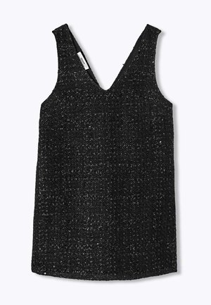 Haut noir sans manches avec un profond col en V, fabriqué en tissu texturé présentant un léger scintillement, ourlet droit, sans fermetures visibles.
