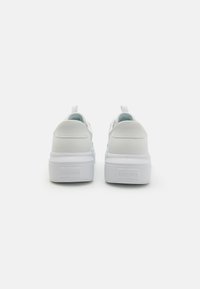 Une paire de baskets plateforme blanches Skechers vue de l'arrière sur un fond blanc uni.