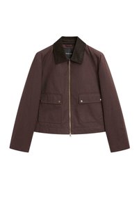 Braune cropped Jacke mit einem Cordkragen, goldenem Reißverschluss und zwei Vordertaschen mit Druckknopfverschlüssen. Glattes Material und strukturierte Form.