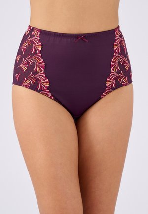 Culotte taille haute violette avec une broderie florale rose et orange sur les côtés et un petit nœud au centre de la taille.