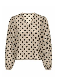 Beige bluse med sorte prikkede, V-hals og lange, puffede ærmer, med en glat, glinsende tekstur.