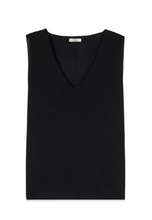 Schwarze ärmellose Strickweste mit V-Ausschnitt und geradem Saum, flach auf weißem Hintergrund dargestellt.