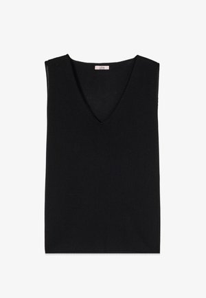 Schwarze ärmellose Strickweste mit V-Ausschnitt und geradem Saum, flach auf weißem Hintergrund dargestellt.