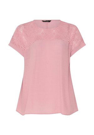 Roze korte mouwen blouse met kanten inzetstuk en ronde halslijn, losse pasvorm en subtiele textuur in de stof.