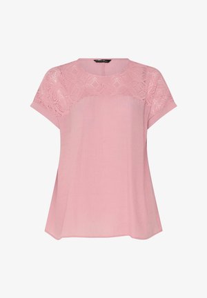 Blouse rose à manches courtes avec empiècement en dentelle et col rond, coupe ample, tissu subtilement texturé.