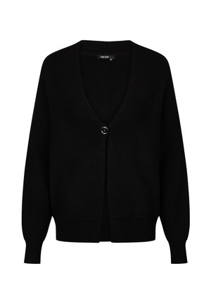 Schwarzer Strickcardigan mit langen Ärmeln, V-Ausschnitt und einer einzelnen Knopfverschluß vorne.