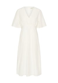 White cotton dress with a V-neck, short flutter sleeves, and eyelet embroidery. Knee-length with a relaxed fit and gathered waist detailing.