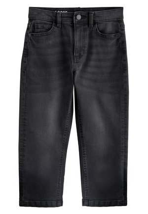 Dunkelgraue Jeans aus Denim mit Fronttaschen, Gürtelschlaufen und Knopfverschluss, auf weißem Hintergrund gezeigt.