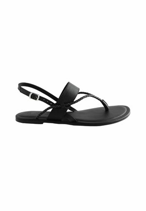 Sorte flade sandaler med et fletremdesign, der har en glat læderoverdel og en justerbar ankelspænde for en sikker pasform.