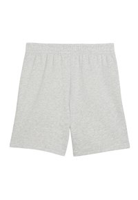 Pantalones cortos de algodón gris claro con cintura elástica, corte holgado y sin bolsillos. Textura suave con detalles de dobladillo cosido.