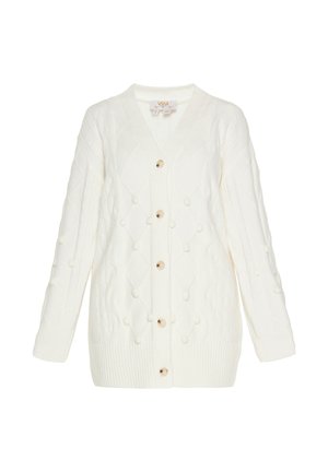 Witte gebreide cardigan met V-hals, knoopsluiting en een gestructureerd ruitpatroon met pomponaccenten en geribbelde manchetten.