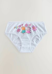 Mutandine di cotone bianche con personaggi dei cartoni animati Peppa Pig e la sua amica, circondate da fiori rosa. Include un bordo in pizzo decorativo.