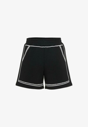 Shorts en coton noir avec coutures blanches, dotés de deux poches latérales et d'une ceinture extensible. Design simple et fonctionnel.