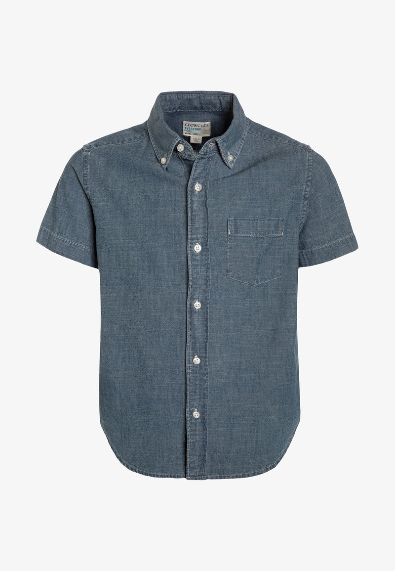 Chemise en chambray bleu à manches courtes avec un col boutonné, une poche avant et des boutons blancs. Texture lisse, ourlet arrondi.