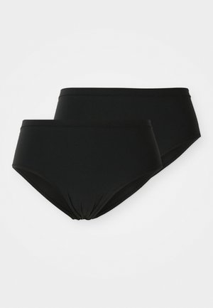 Two black bikini bottoms made of smooth fabric. One has a high waist with a gathered detail at the front, and the other is lower-cut.